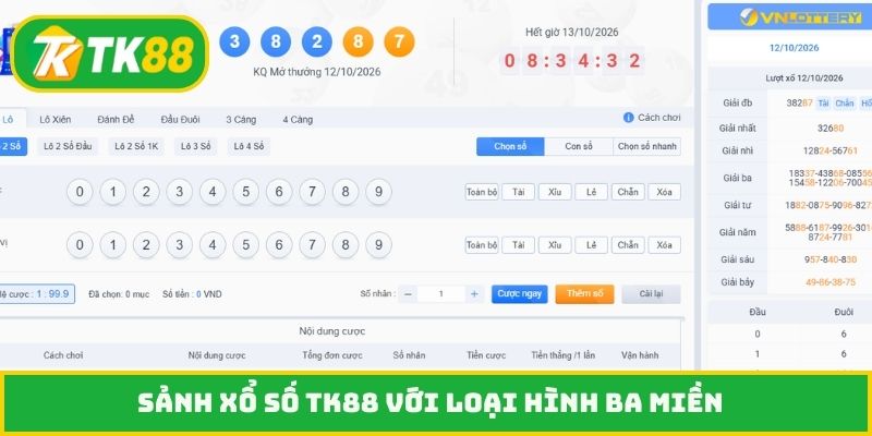 Sảnh xổ số TK88 với loại hình ba miền