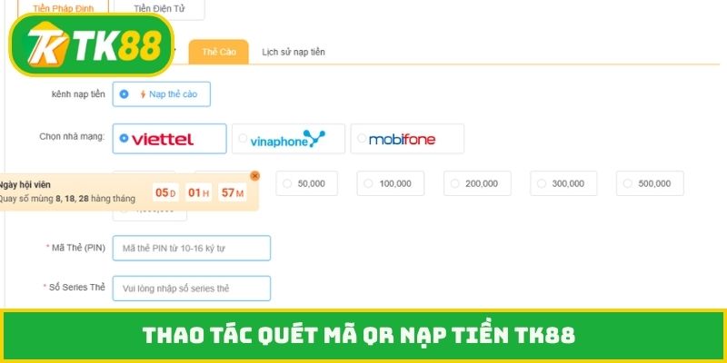 Thao tác quét mã QR nạp tiền TK88
